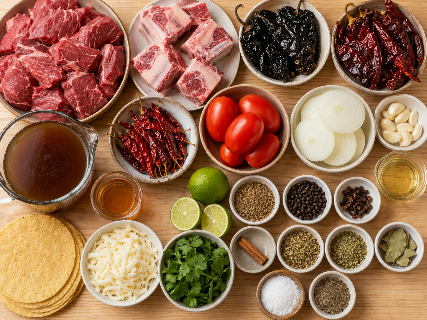 Raw beef birria taco ingredients with dried chiles, beef, tortillas, and cheese