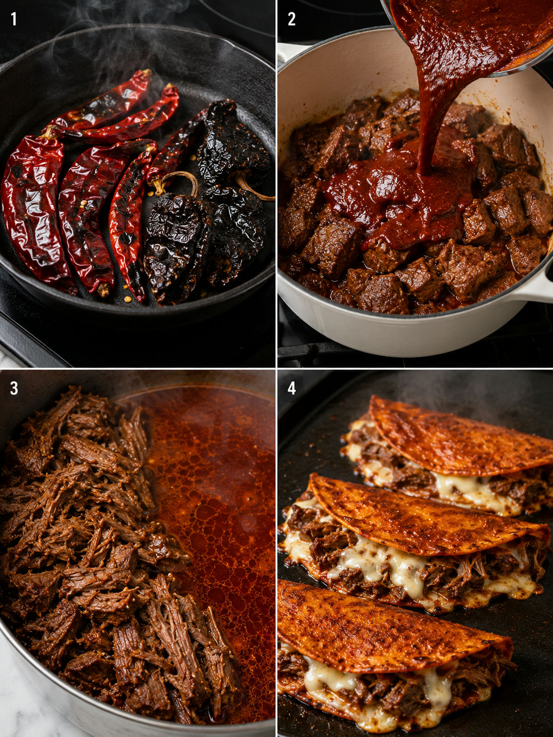 Four cooking steps for beef birria tacos from toasted chiles to griddled tacos