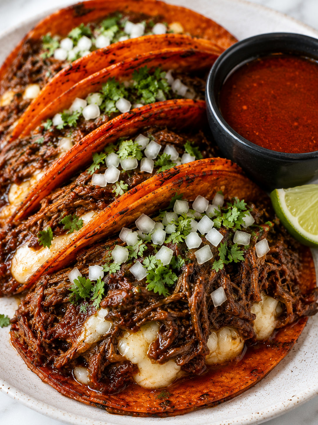 Crispy beef birria tacos with melted cheese, consome, onion, cilantro, and lime
