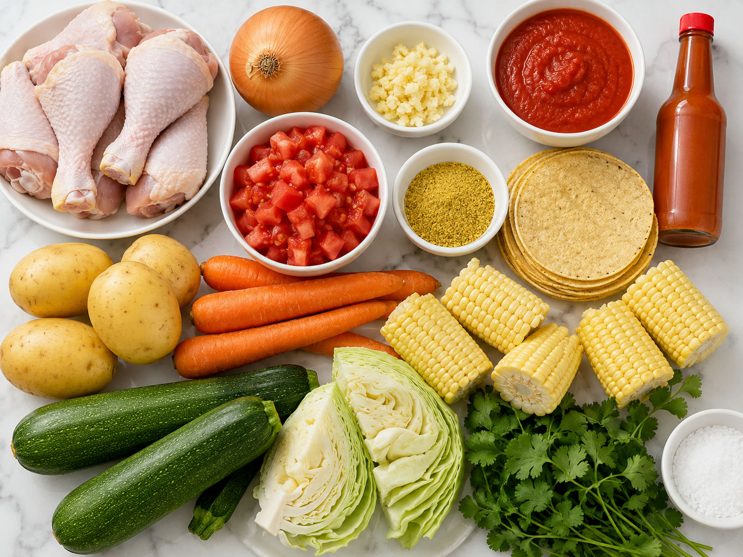 Ingredients for caldo de pollo with chicken, vegetables, cilantro, and lime