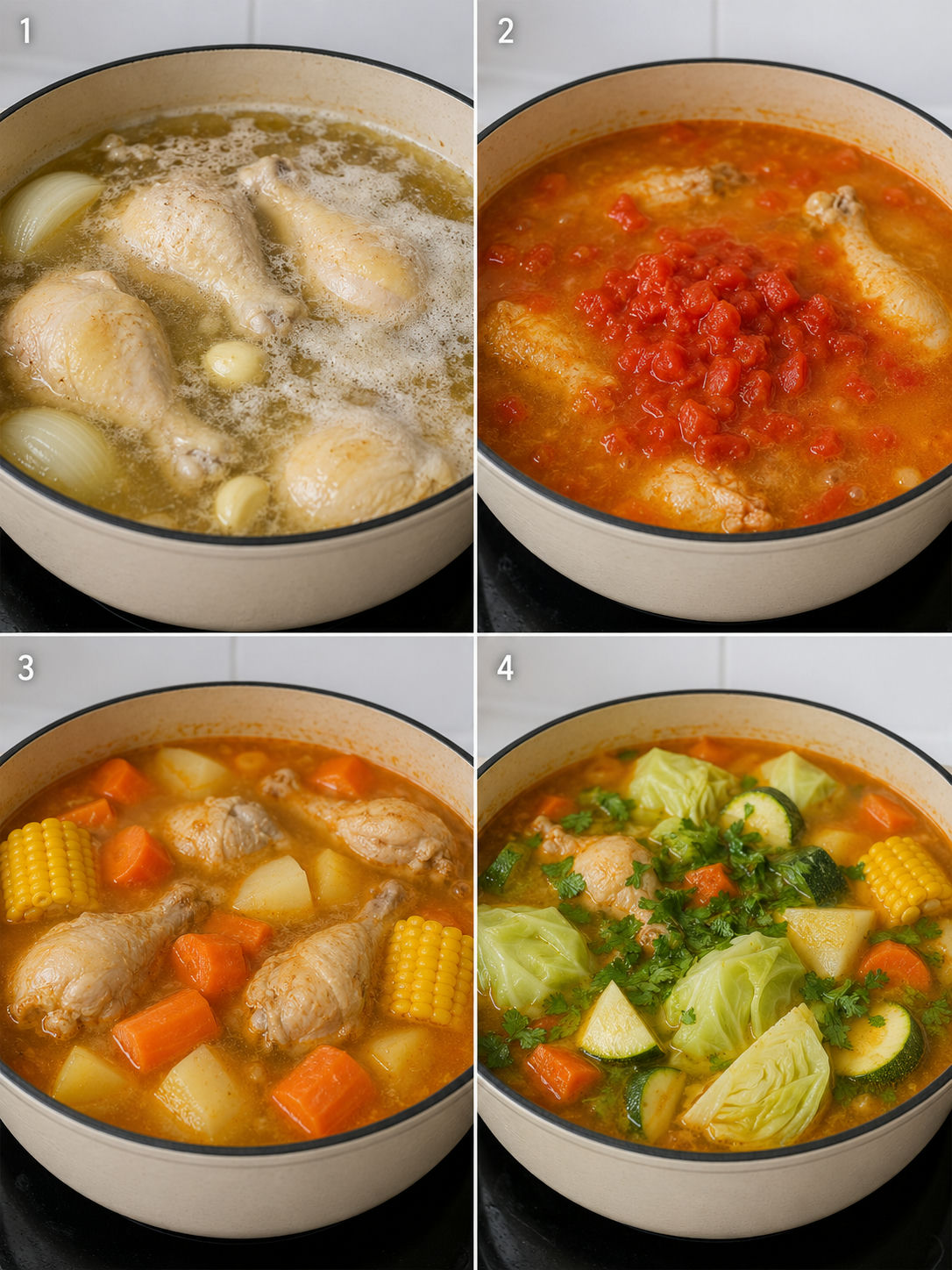 Four cooking steps for caldo de pollo from simmering chicken to adding vegetables