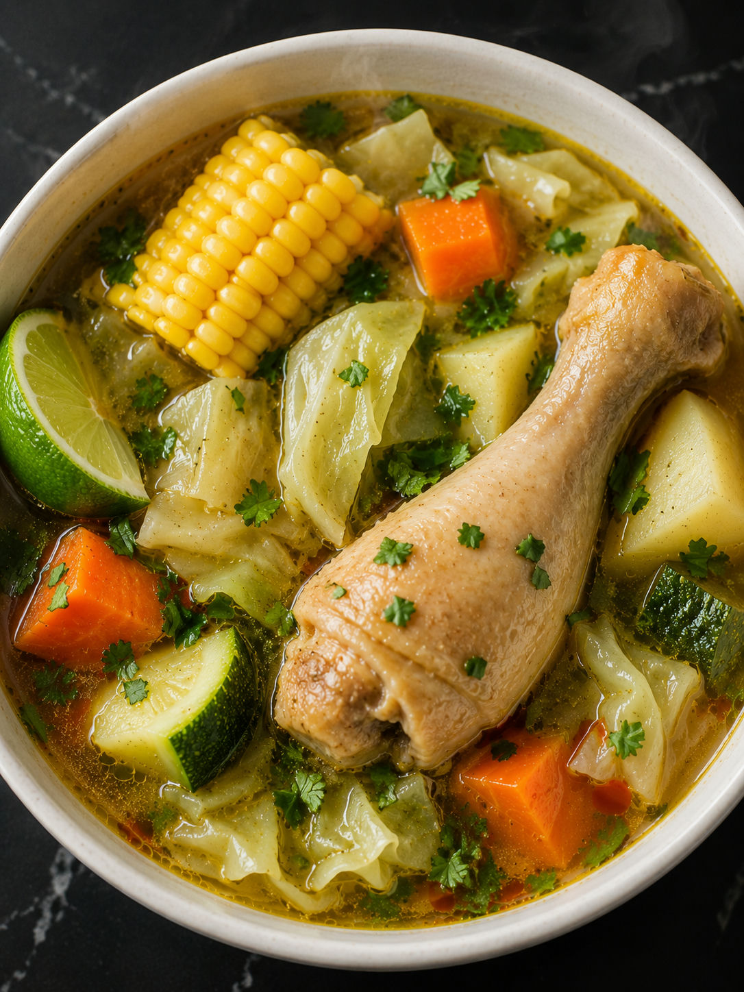 Bowl of caldo de pollo with chicken, corn, vegetables, cilantro, and lime