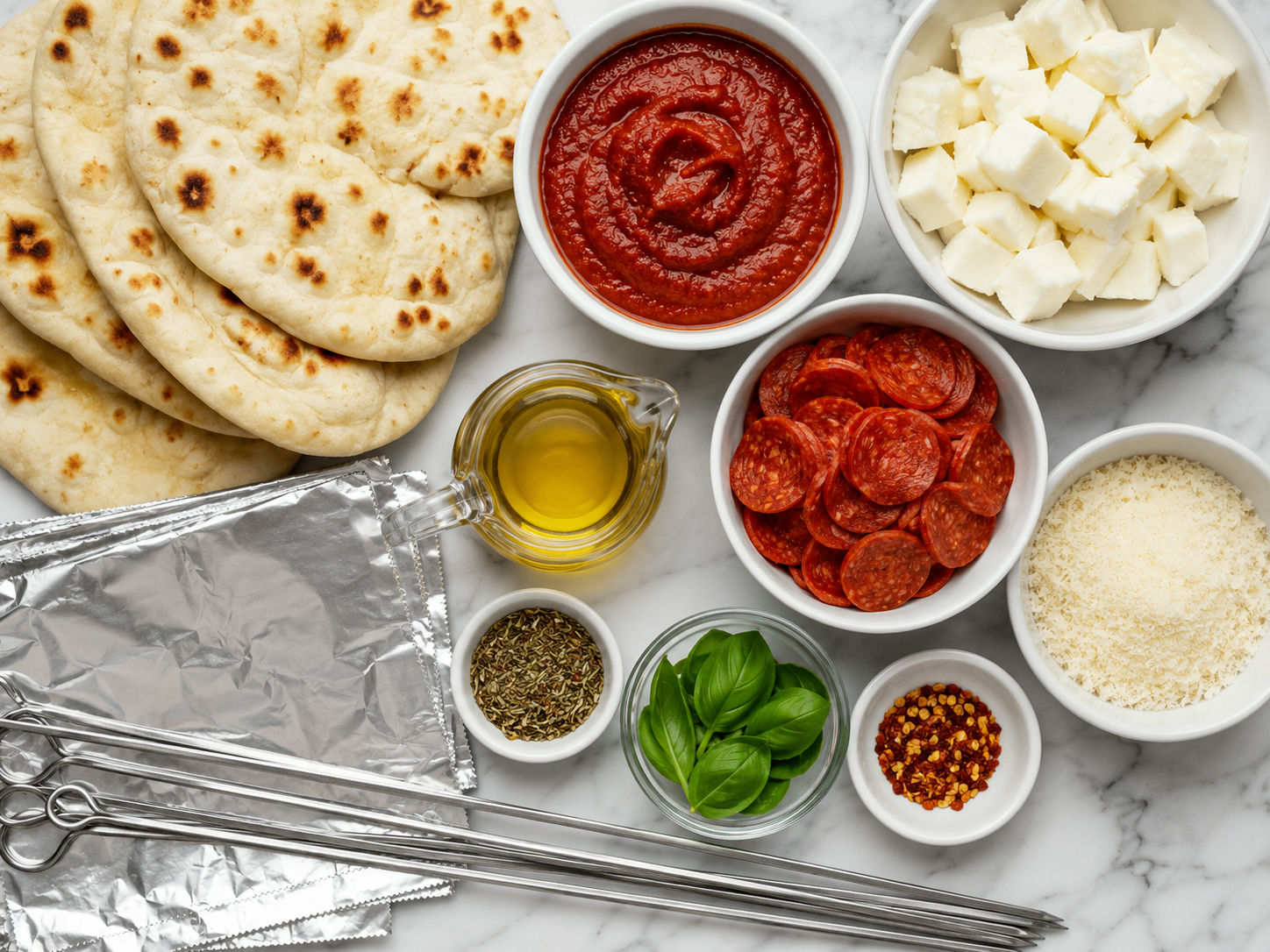 Mini naan, pepperoni, mozzarella, pizza sauce, basil, foil, and skewers