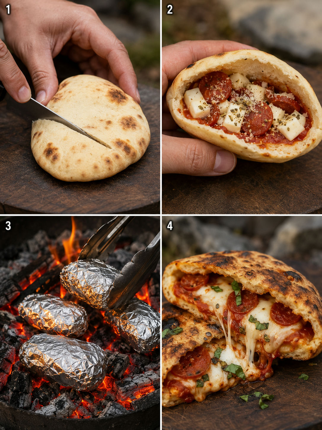 Four steps for stuffing and roasting pepperoni pizza s'mores