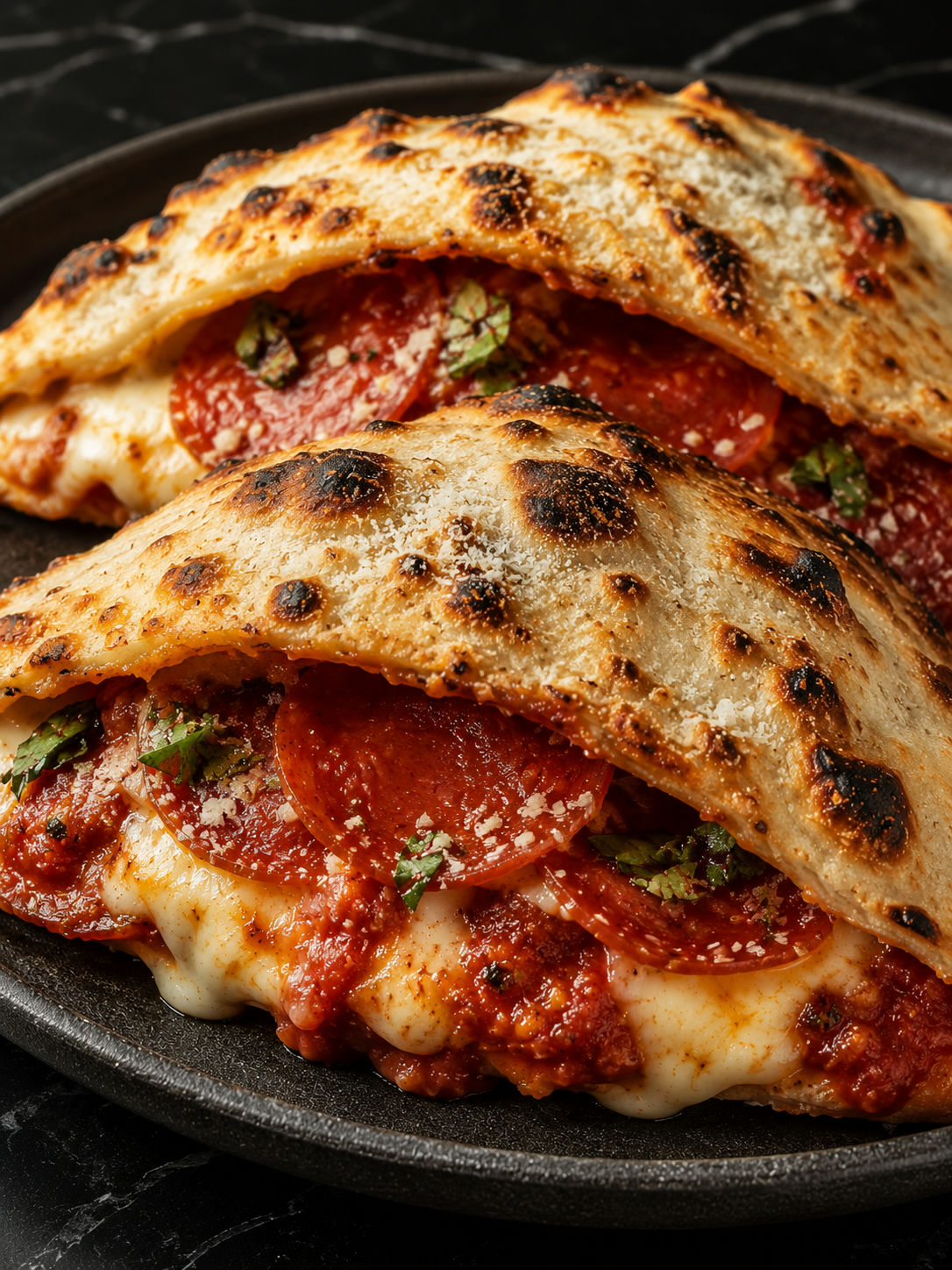 Toasted pepperoni pizza s'mores with bubbling mozzarella and basil