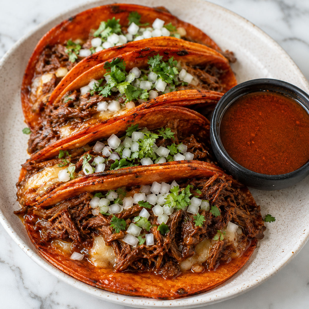 Beef birria tacos with consome, onion, cilantro, and lime