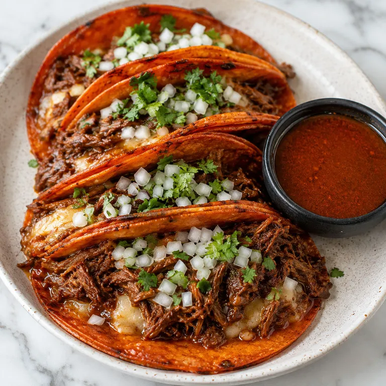 Beef birria tacos with consome, onion, cilantro, and lime