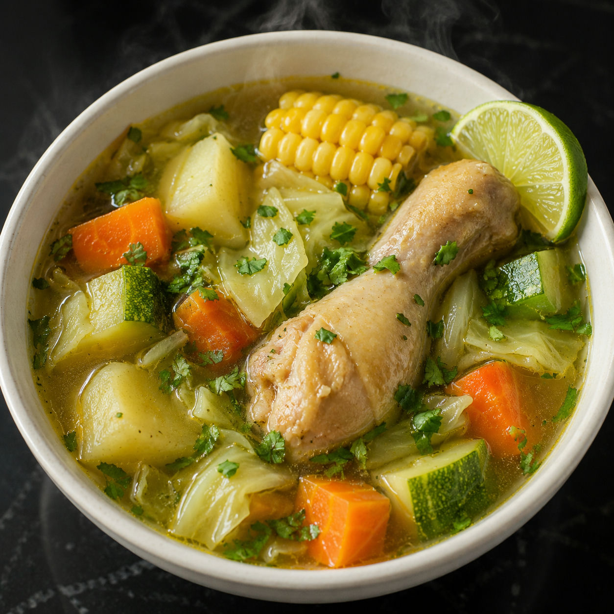 Caldo de pollo with chicken, corn, cabbage, zucchini, cilantro, and lime