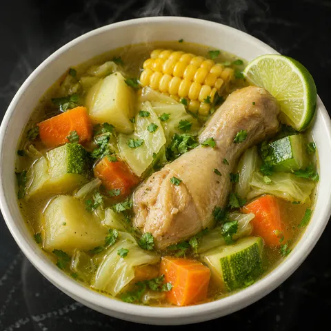 Caldo de pollo with chicken, corn, cabbage, zucchini, cilantro, and lime