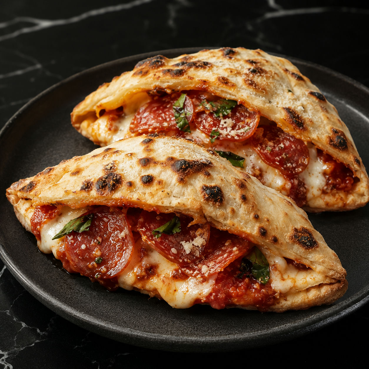 Campfire pepperoni pizza s'mores with melted mozzarella and basil