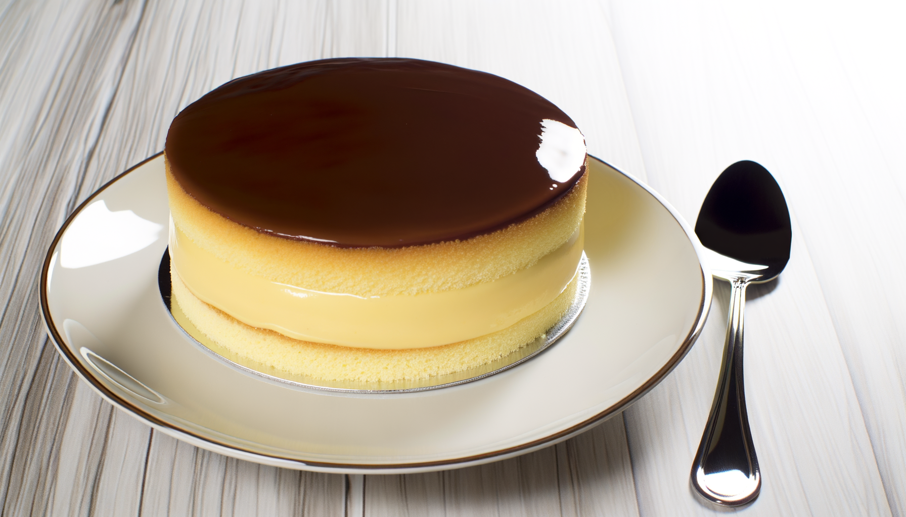 Elegant Boston Cream Pie with vanilla custard sandwiched between golden sponge cake layers, topped with smooth chocolate ganache, on a white plate beside a silver fork.