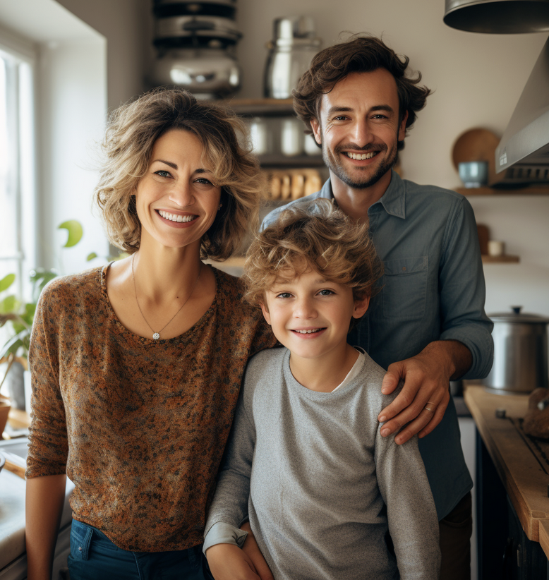 Image of midlle age women in a kitchen with her family son and husband looking to camera and smiling zoomed in in daylight