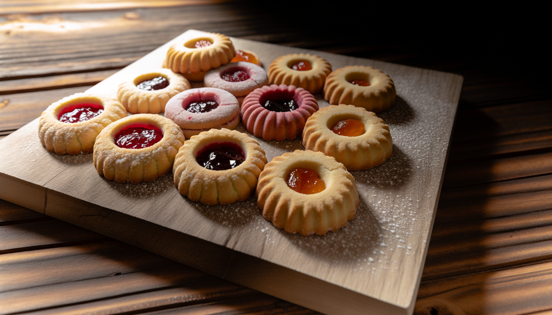 Vibrant thumbprint cookies with jam fillings, presented on a wooden board, offering a rustic and appealing homemade dessert experience.