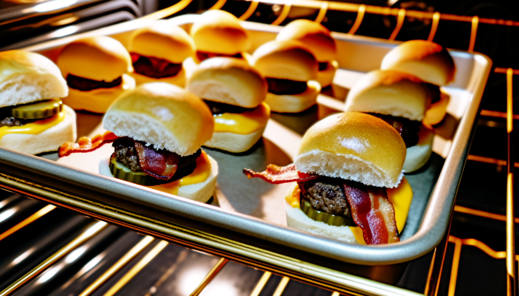 A warm ambiance surrounds a baking tray of freshly baked Bacon Cheeseburger Sliders with melted cheese, sizzling bacon atop seasoned beef within soft rolls, and a reflective oven-safe lid capturing the enticing glow of the oven.