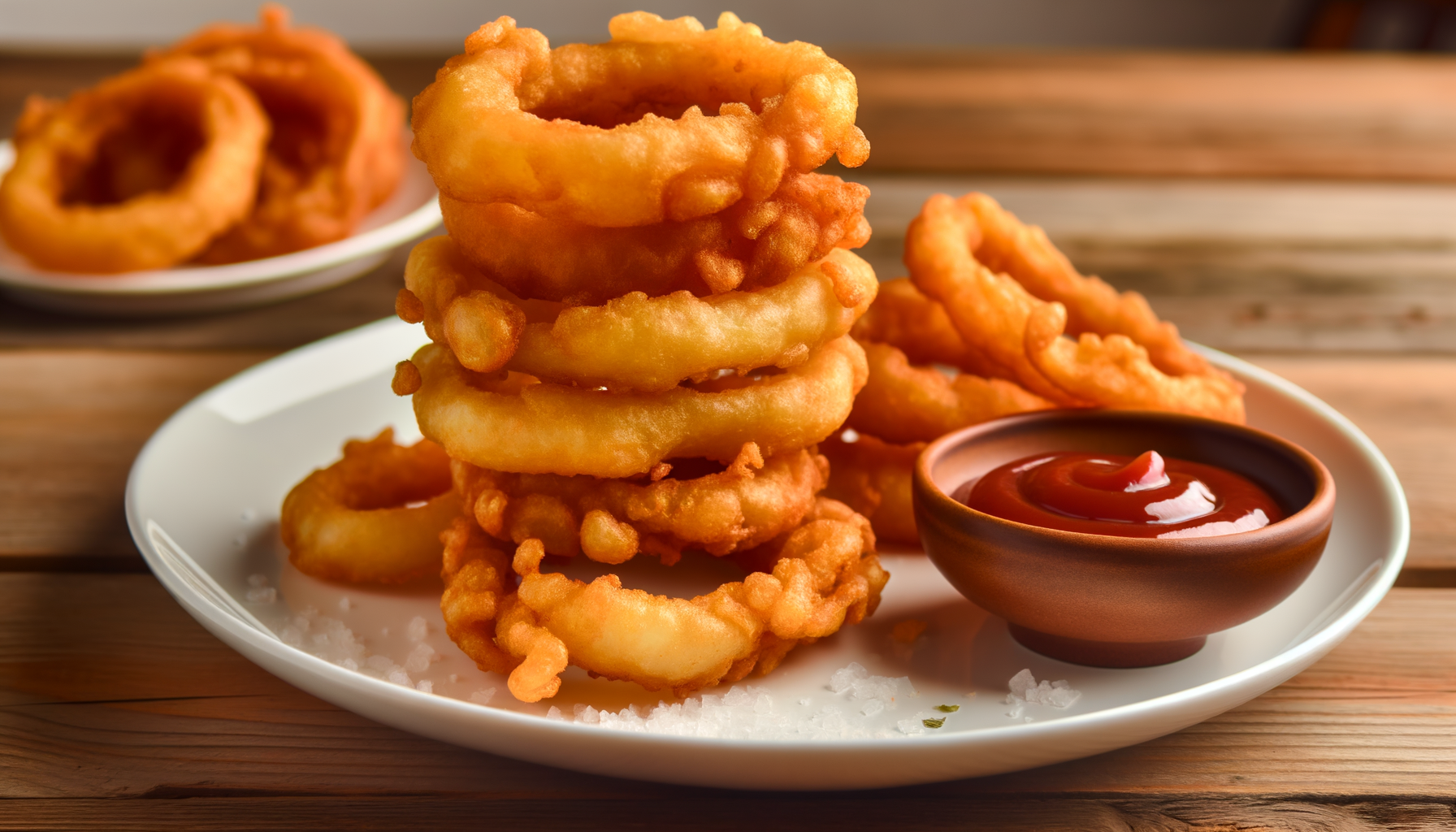 A tantalizing plate of perfectly crispy fried onion rings accompanied by homemade ketchup, set on a rustic wood table.